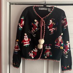 Michael Simon Black Cardigan with Santa and Holiday Motifs